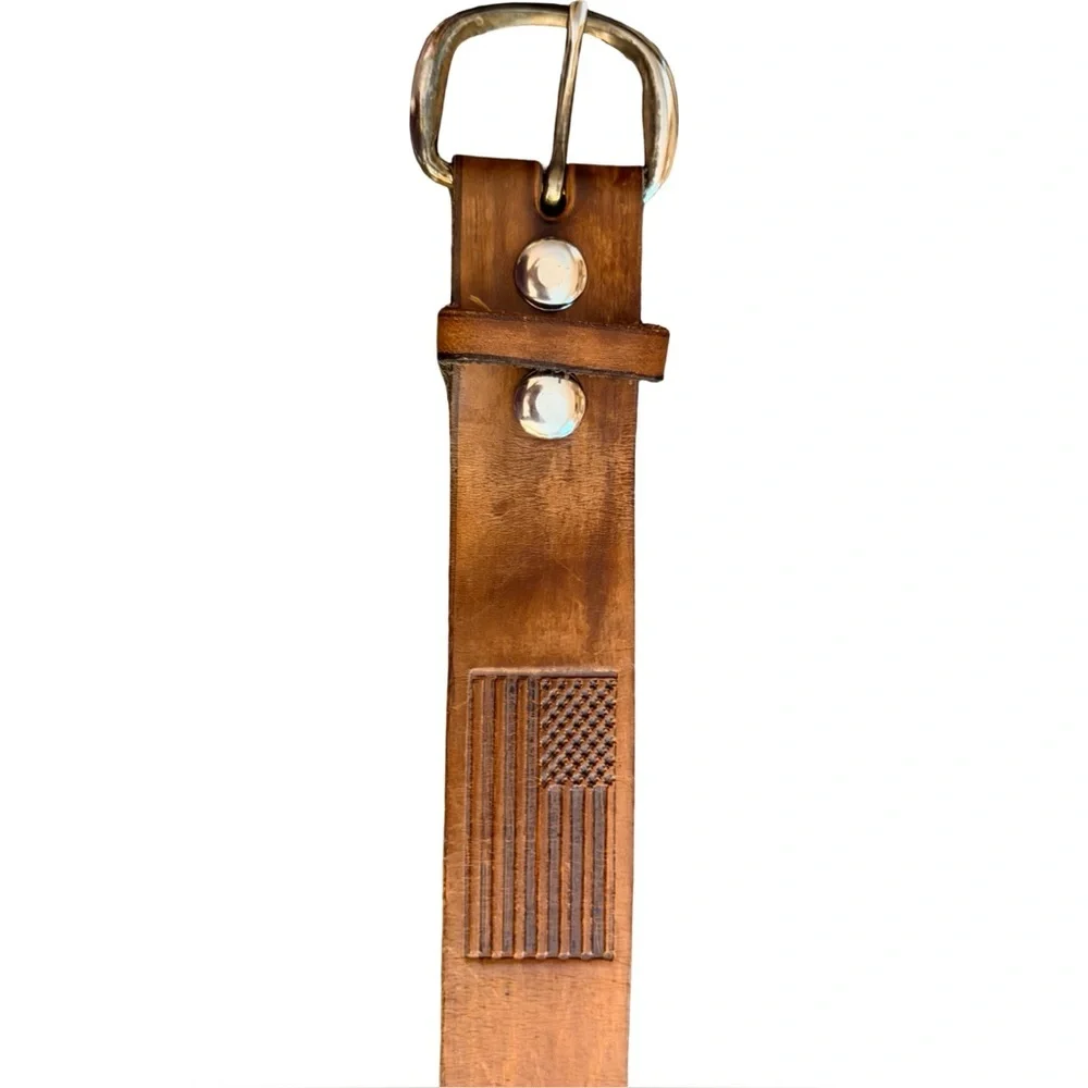 Men’s Distressed Brown Leather American Flag Belt | Size M/L